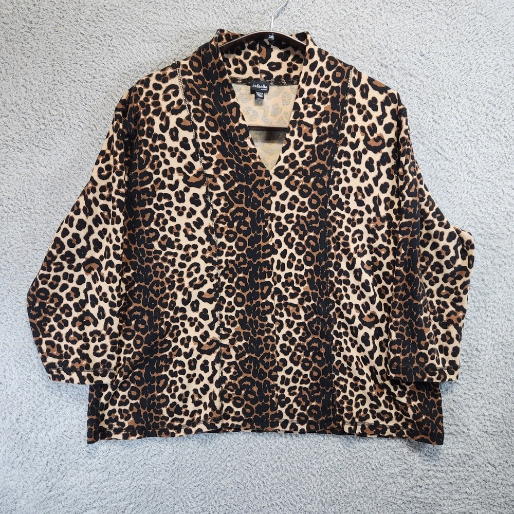 Rafaella Leopard Print V Neck Blouse Woman 2X 100% Cotton Boho Casual 3/4 Sleeve